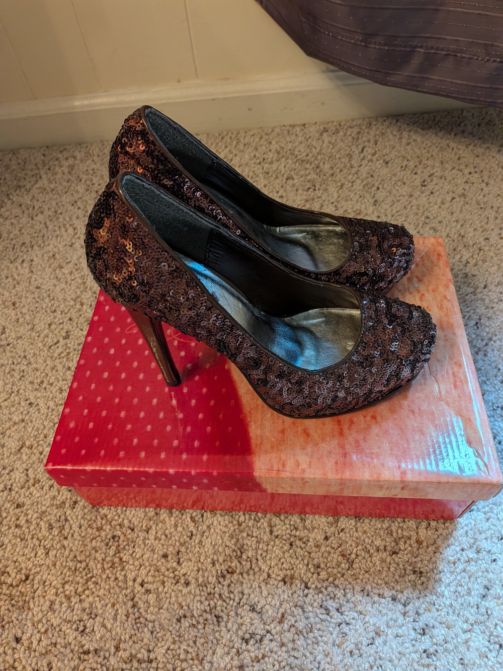 Sequined Brown High Heel Pumps